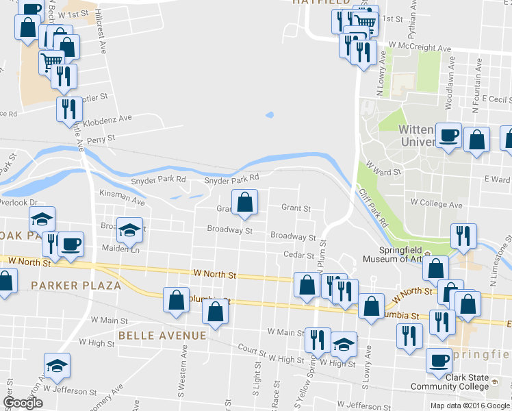 map of restaurants, bars, coffee shops, grocery stores, and more near 720 Grant Street in Springfield