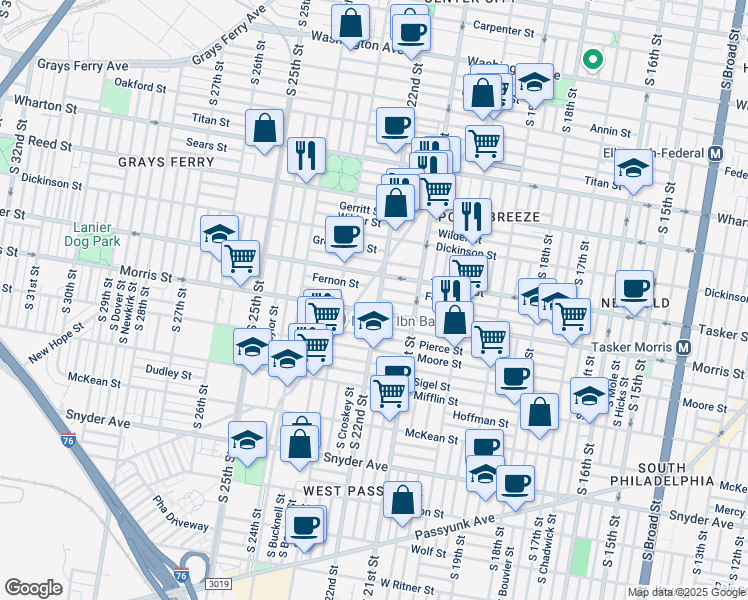 map of restaurants, bars, coffee shops, grocery stores, and more near 1632 South 22nd Street in Philadelphia