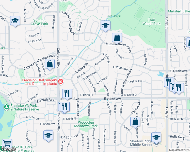 map of restaurants, bars, coffee shops, grocery stores, and more near 12944 Dexter Way in Thornton