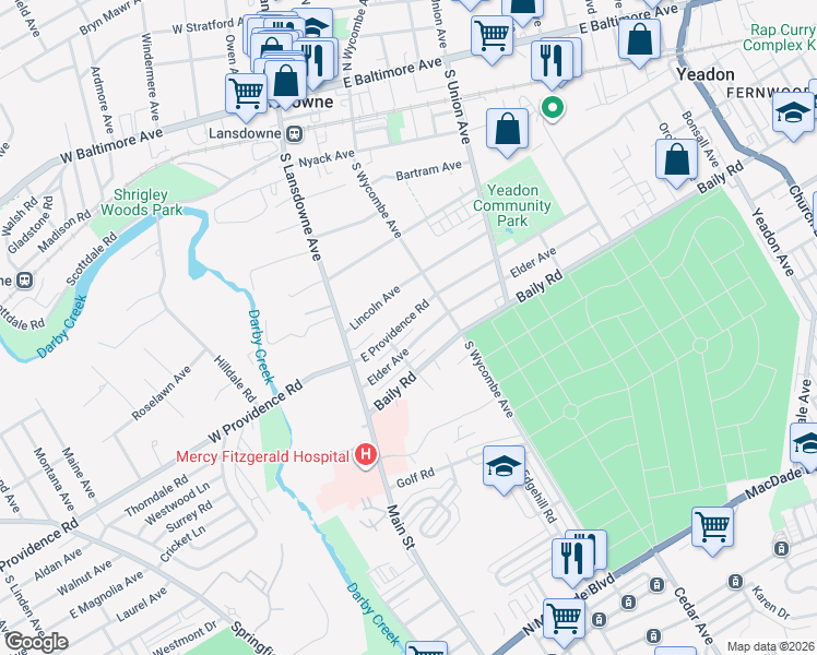 map of restaurants, bars, coffee shops, grocery stores, and more near 34 East Providence Road in Yeadon