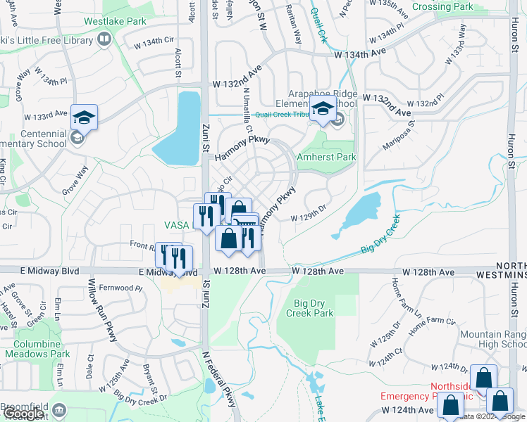 map of restaurants, bars, coffee shops, grocery stores, and more near 12911 Harmony Parkway in Westminster