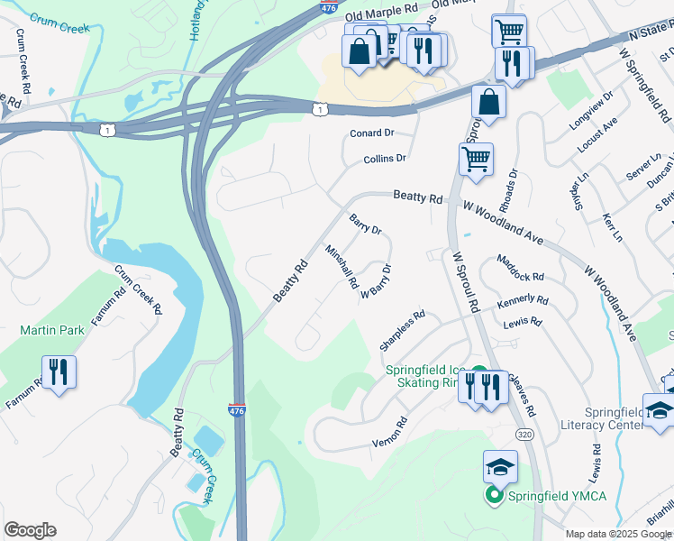 map of restaurants, bars, coffee shops, grocery stores, and more near 605 Minshall Road in Springfield