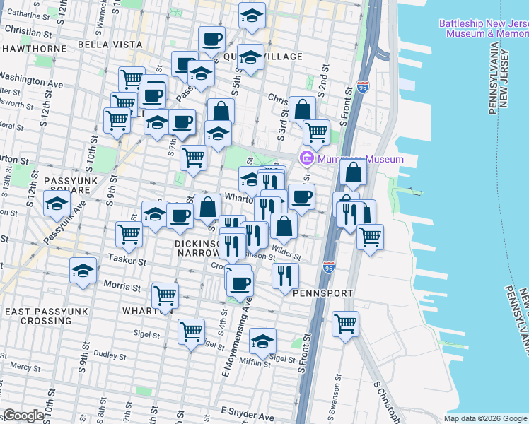 map of restaurants, bars, coffee shops, grocery stores, and more near 307 Sears Street in Philadelphia