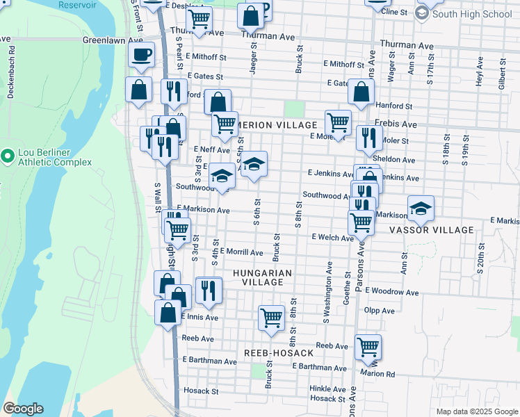map of restaurants, bars, coffee shops, grocery stores, and more near 202 East Markison Avenue in Columbus