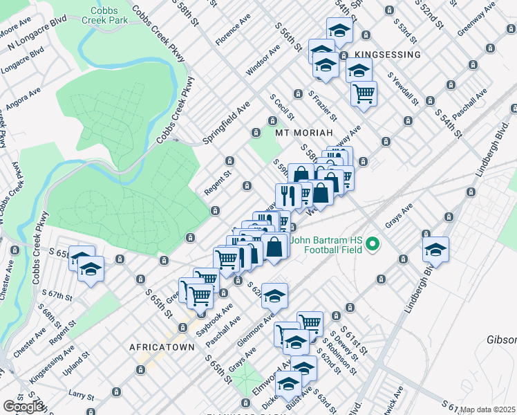 map of restaurants, bars, coffee shops, grocery stores, and more near 6013 Greenway Avenue in Philadelphia