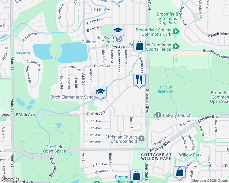 map of restaurants, bars, coffee shops, grocery stores, and more near 1021 Cottonwood Street in Broomfield