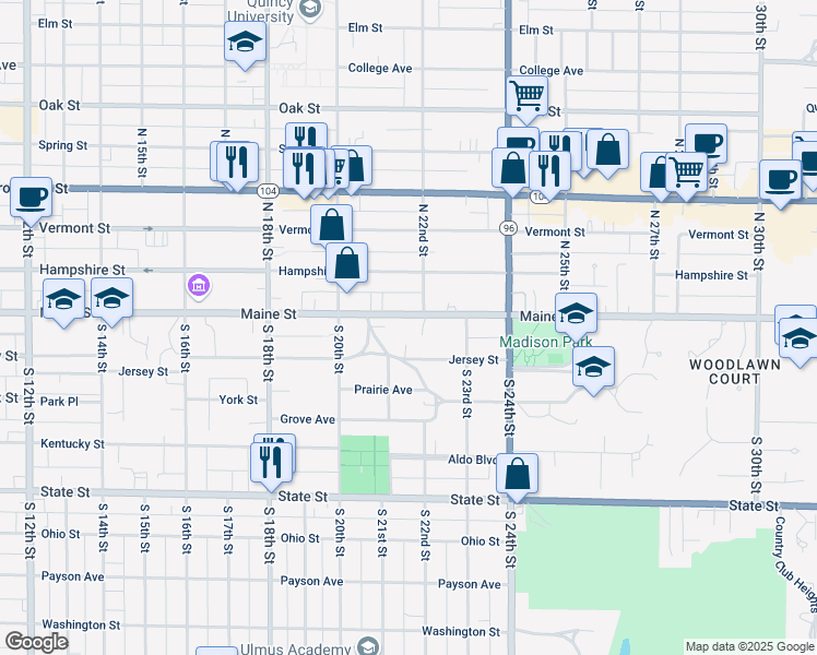 map of restaurants, bars, coffee shops, grocery stores, and more near 2174 Maine Street in Quincy
