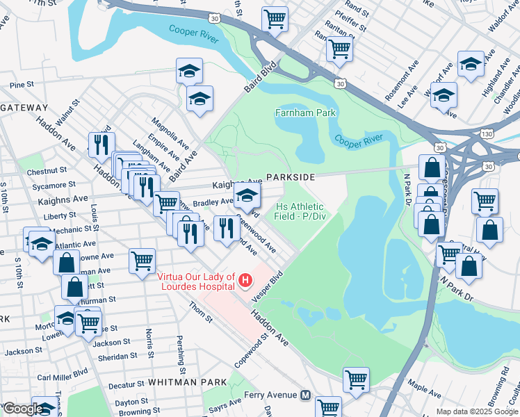 map of restaurants, bars, coffee shops, grocery stores, and more near 1864 Park Boulevard in Camden