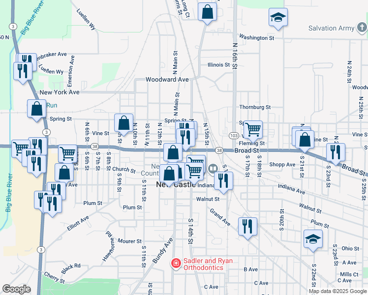 map of restaurants, bars, coffee shops, grocery stores, and more near 1322 Broad Street in New Castle