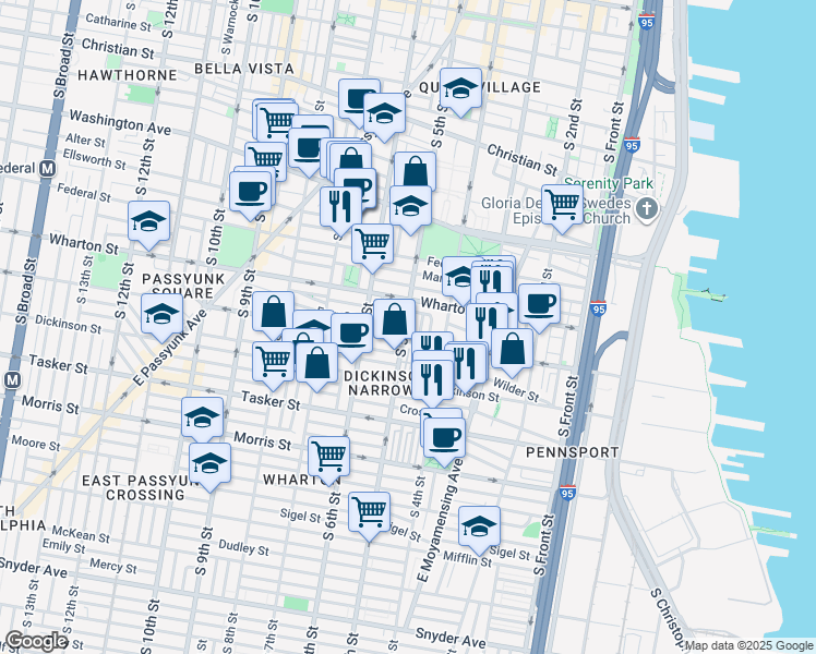 map of restaurants, bars, coffee shops, grocery stores, and more near 1321 South 5th Street in Philadelphia