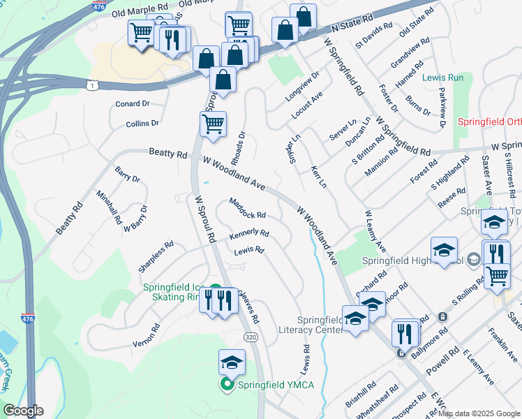 map of restaurants, bars, coffee shops, grocery stores, and more near 459 Maddock Road in Springfield