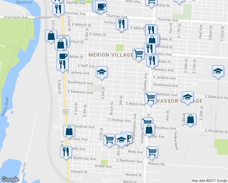 map of restaurants, bars, coffee shops, grocery stores, and more near 256 East Markison Avenue in Columbus