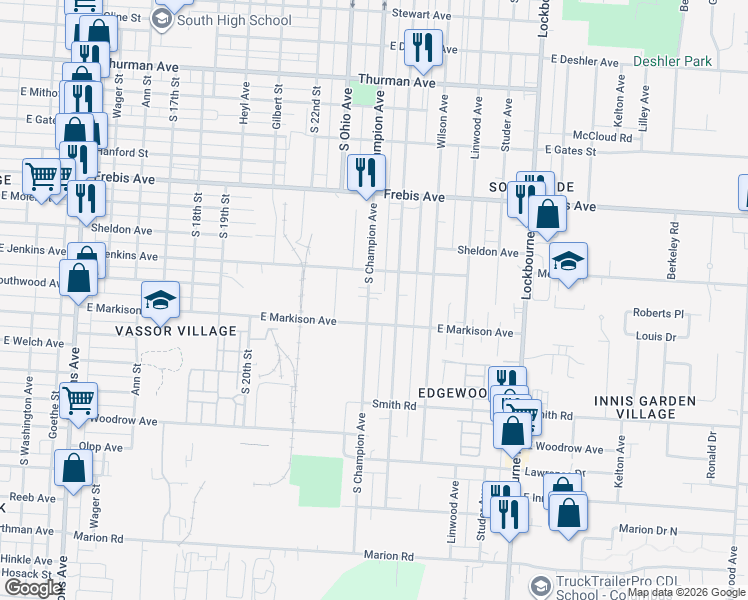 map of restaurants, bars, coffee shops, grocery stores, and more near 1632 South Champion Avenue in Columbus