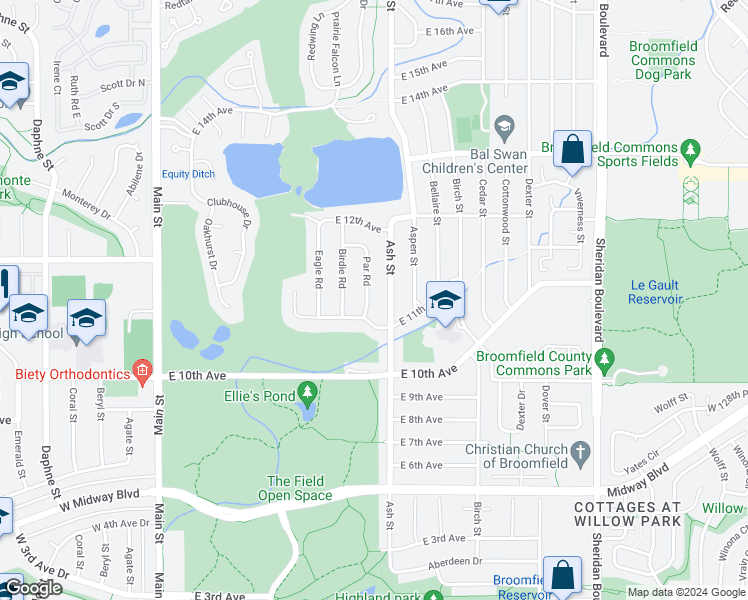 map of restaurants, bars, coffee shops, grocery stores, and more near 1119 Par Road in Broomfield