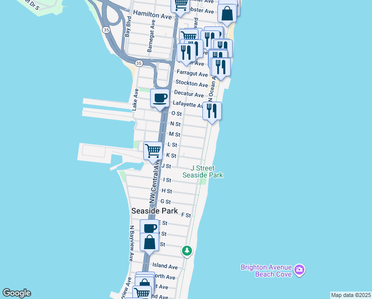 map of restaurants, bars, coffee shops, grocery stores, and more near 23 L Street in Seaside Park