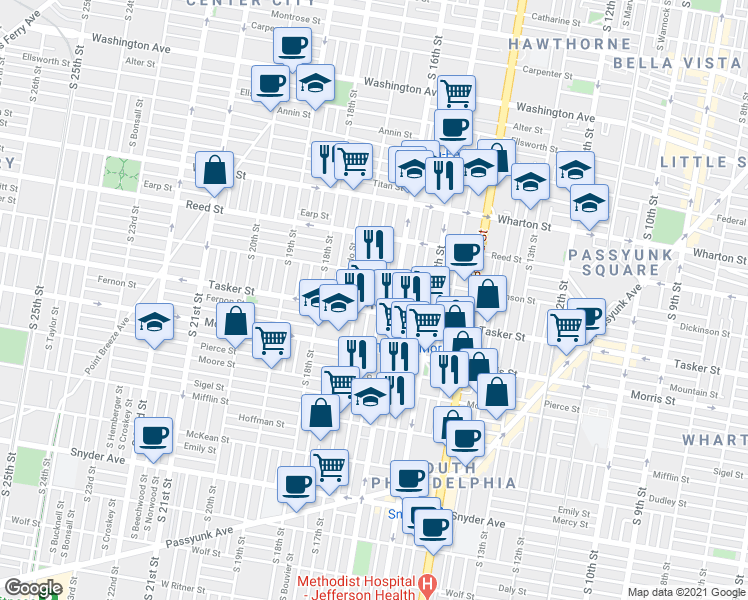 map of restaurants, bars, coffee shops, grocery stores, and more near 1537 South Chadwick Street in Philadelphia