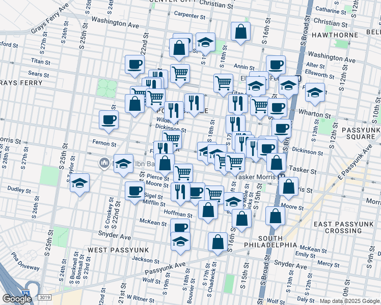 map of restaurants, bars, coffee shops, grocery stores, and more near 1819 Tasker Street in Philadelphia
