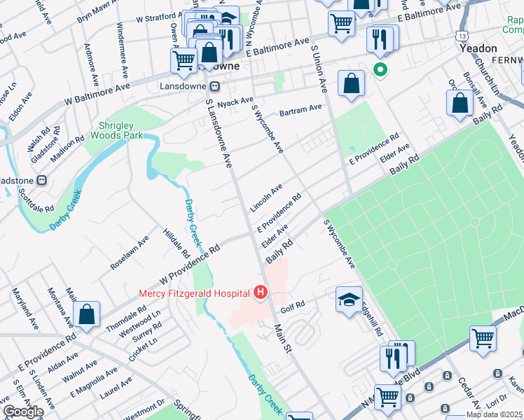 map of restaurants, bars, coffee shops, grocery stores, and more near 14 Lincoln Avenue in Yeadon