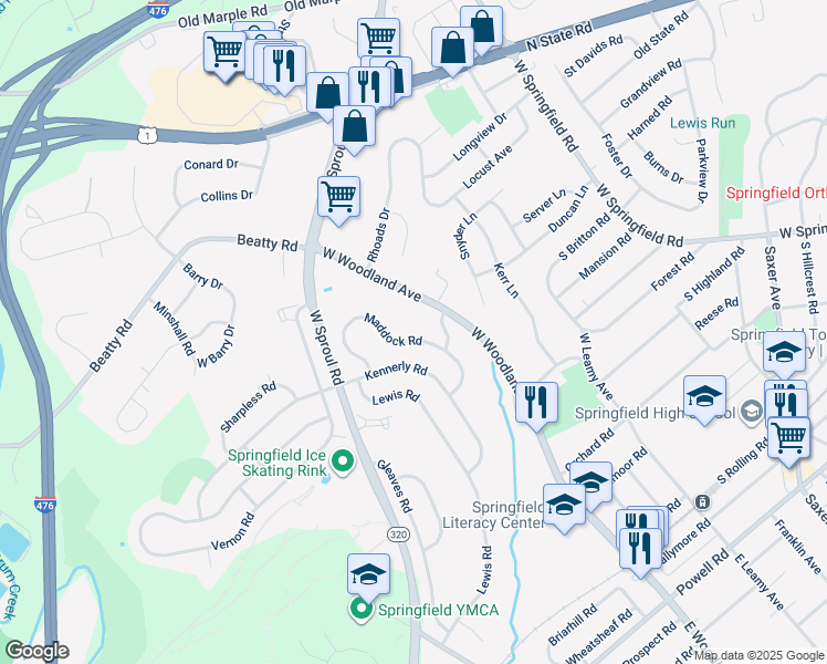 map of restaurants, bars, coffee shops, grocery stores, and more near 459 Maddock Road in Springfield