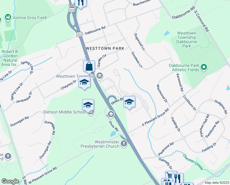 map of restaurants, bars, coffee shops, grocery stores, and more near 120 Gilpin Drive in West Chester