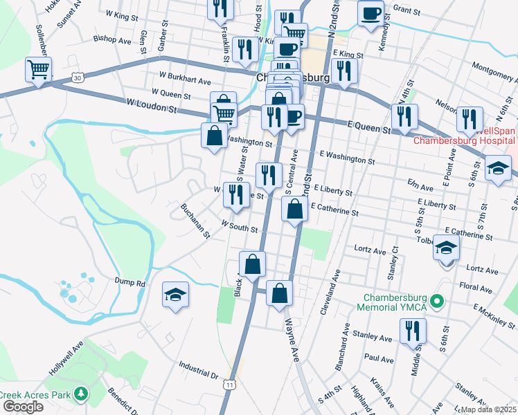 map of restaurants, bars, coffee shops, grocery stores, and more near 414 South Main Street in Chambersburg