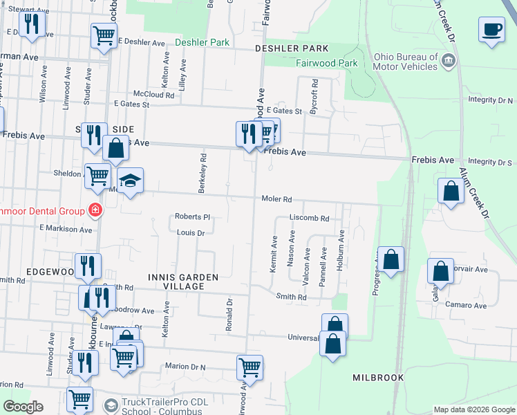 map of restaurants, bars, coffee shops, grocery stores, and more near 1489 Moler Road in Columbus