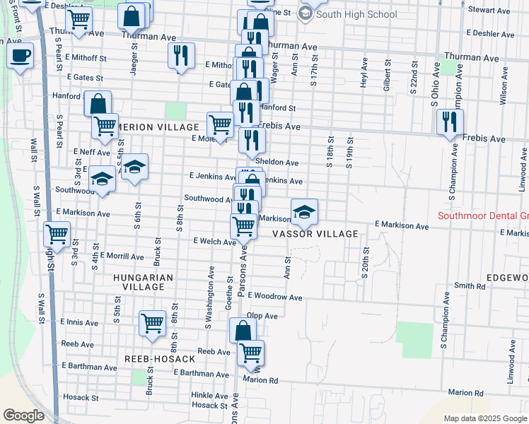 map of restaurants, bars, coffee shops, grocery stores, and more near 478 East Markison Avenue in Columbus