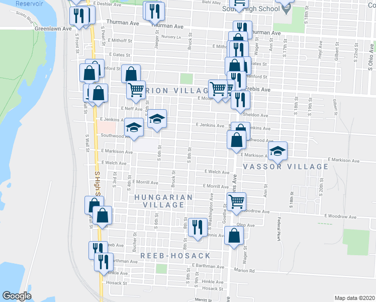 map of restaurants, bars, coffee shops, grocery stores, and more near 308 East Markison Avenue in Columbus