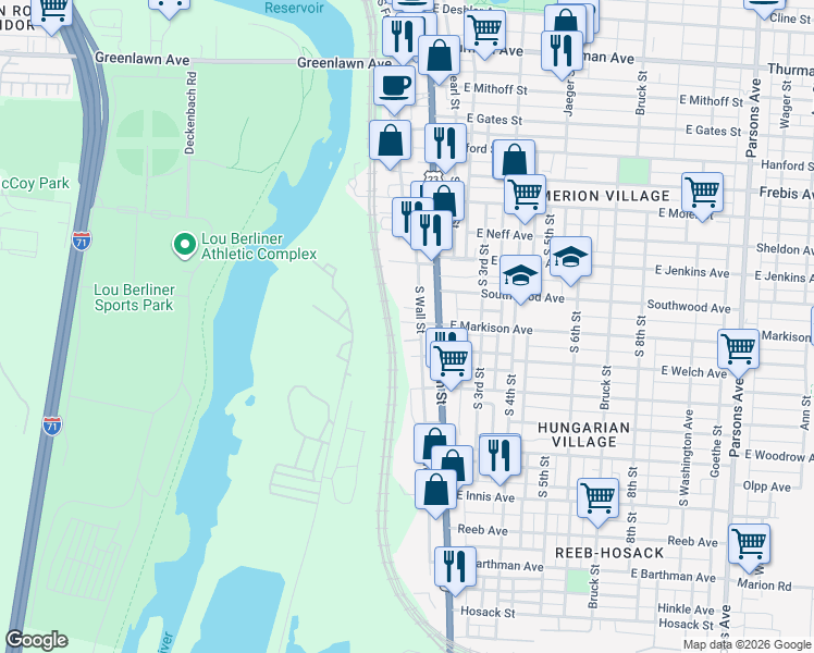 map of restaurants, bars, coffee shops, grocery stores, and more near 20 South Wall Street in Columbus