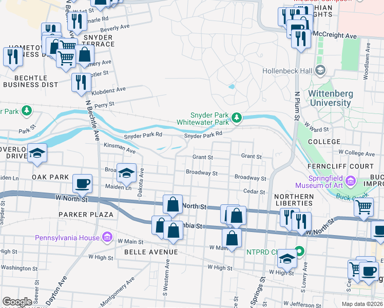 map of restaurants, bars, coffee shops, grocery stores, and more near 920 Grant Street in Springfield