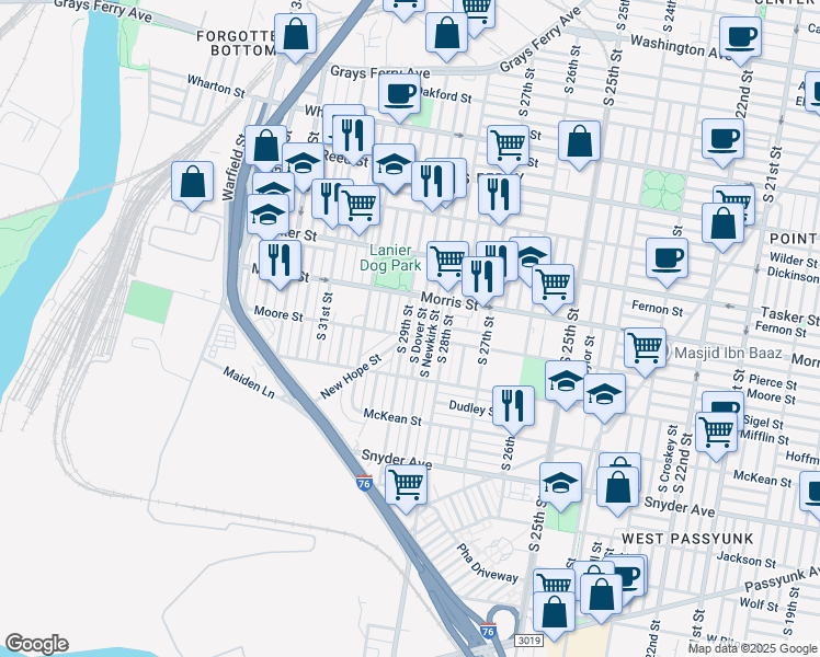 map of restaurants, bars, coffee shops, grocery stores, and more near 1733 S 29th St in Philadelphia