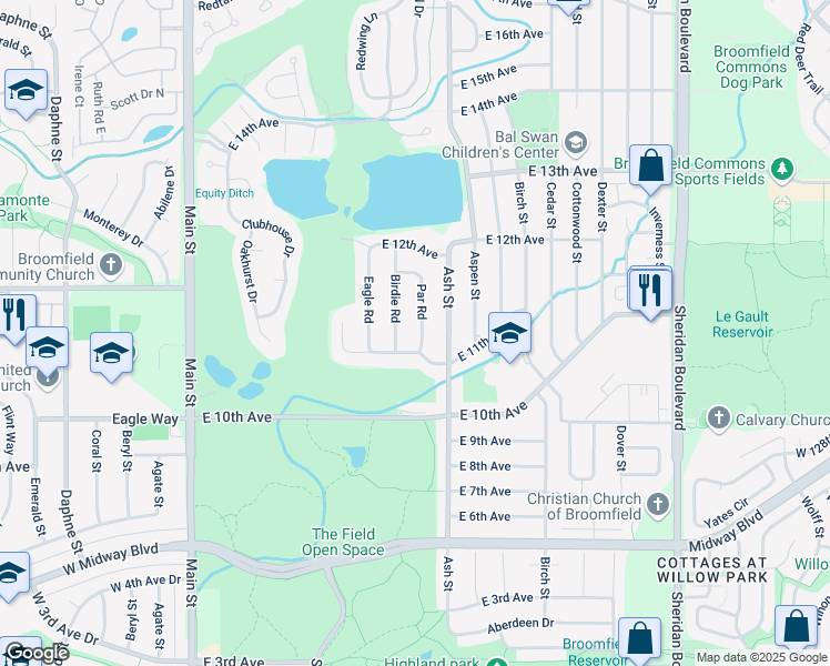 map of restaurants, bars, coffee shops, grocery stores, and more near 1119 Par Road in Broomfield