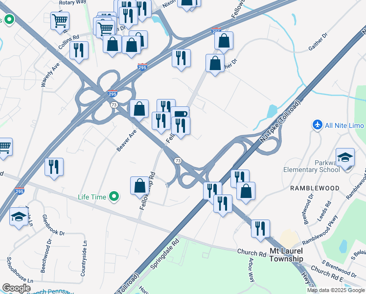 map of restaurants, bars, coffee shops, grocery stores, and more near 550 Fellowship Road in Mount Laurel