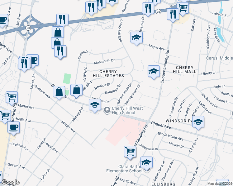 map of restaurants, bars, coffee shops, grocery stores, and more near 416 Saratoga Drive in Cherry Hill