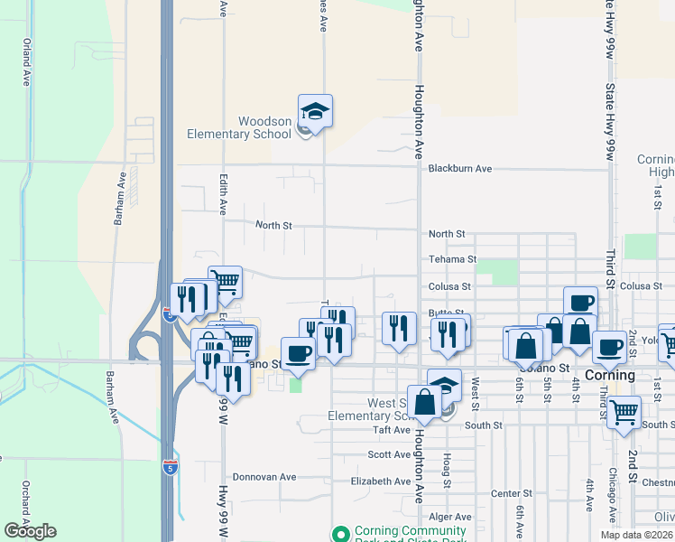 map of restaurants, bars, coffee shops, grocery stores, and more near 1980 Colusa Street in Corning