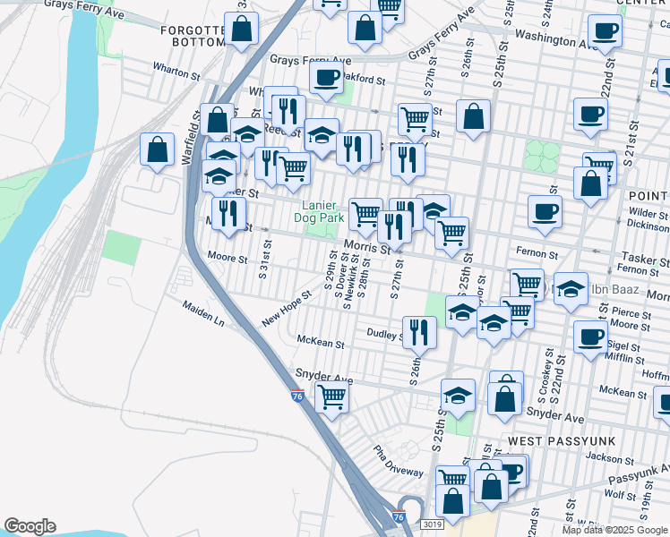 map of restaurants, bars, coffee shops, grocery stores, and more near 1733 South 29th Street in Philadelphia
