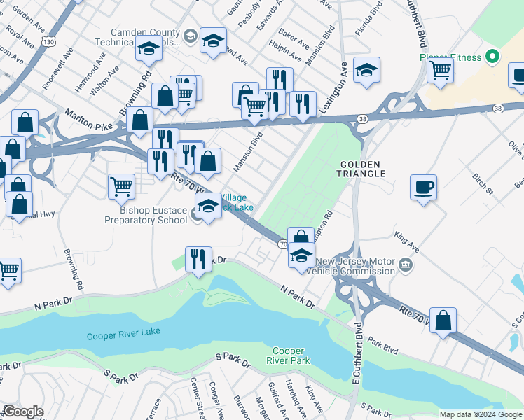 map of restaurants, bars, coffee shops, grocery stores, and more near 6632 Lexington Avenue in Pennsauken Township