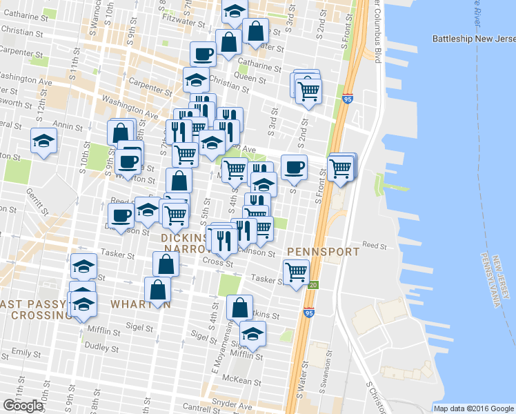 map of restaurants, bars, coffee shops, grocery stores, and more near S 3rd St & Sears St in Philadelphia