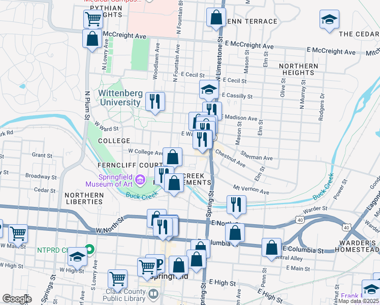 map of restaurants, bars, coffee shops, grocery stores, and more near 44 East College Avenue in Springfield