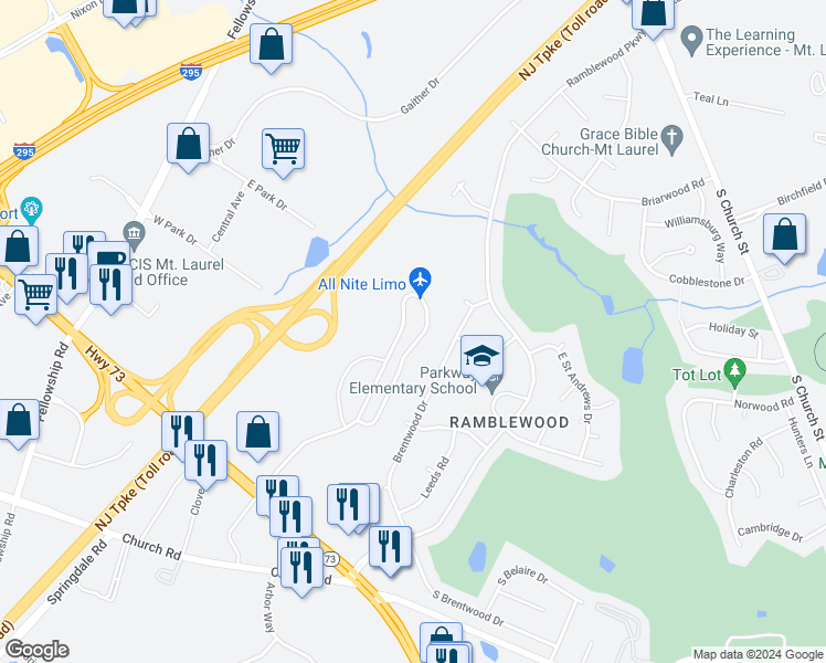 map of restaurants, bars, coffee shops, grocery stores, and more near 2807 Rogers Walk in Mount Laurel Township