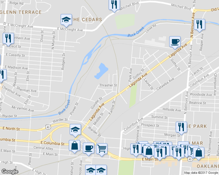 map of restaurants, bars, coffee shops, grocery stores, and more near 1037 Thrasher Street in Springfield