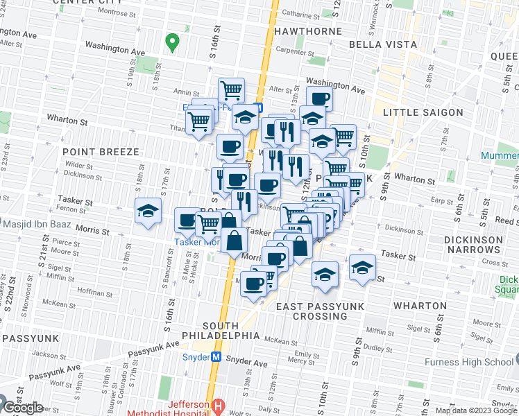 map of restaurants, bars, coffee shops, grocery stores, and more near 1322 Dickinson Street in Philadelphia