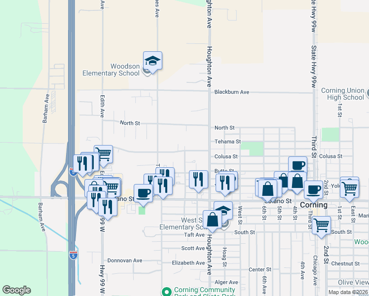map of restaurants, bars, coffee shops, grocery stores, and more near Colusa Street in Corning