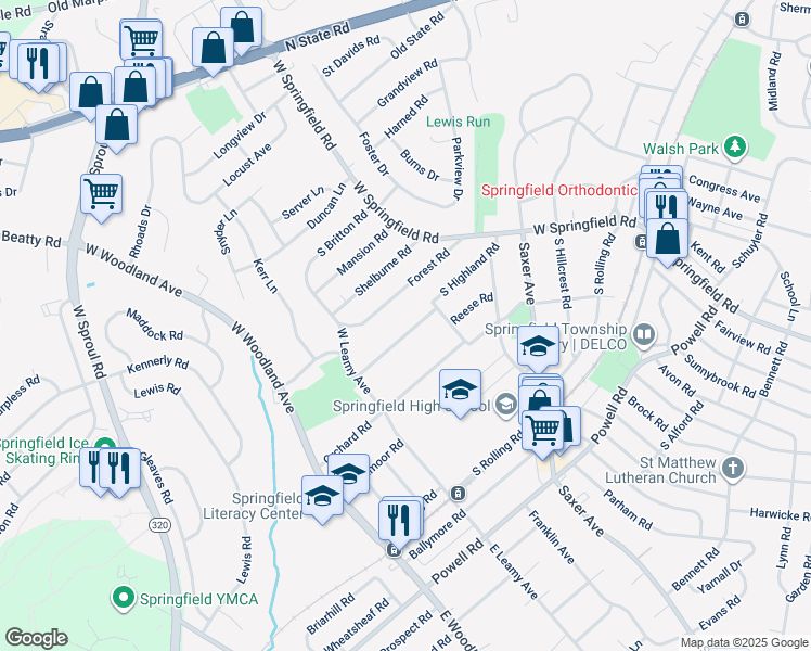 map of restaurants, bars, coffee shops, grocery stores, and more near 232 South Highland Road in Springfield