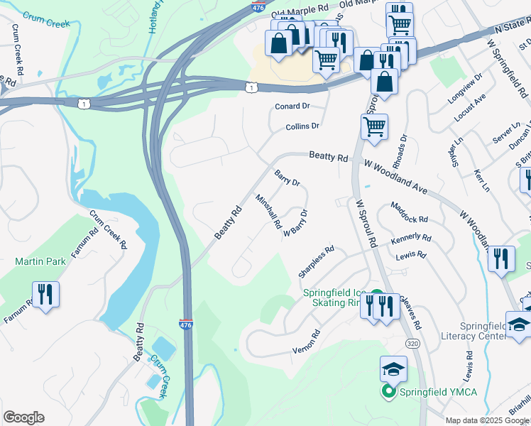 map of restaurants, bars, coffee shops, grocery stores, and more near 605 Minshall Road in Springfield