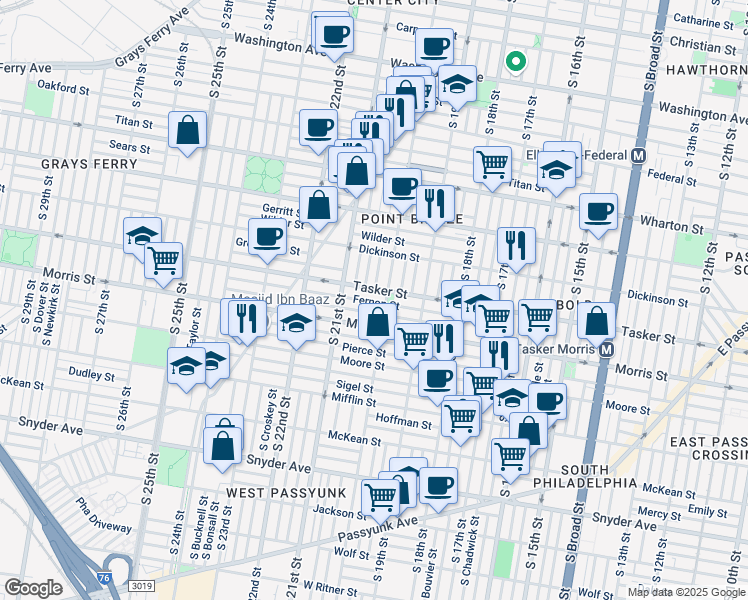 map of restaurants, bars, coffee shops, grocery stores, and more near 2017 Fernon Street in Philadelphia