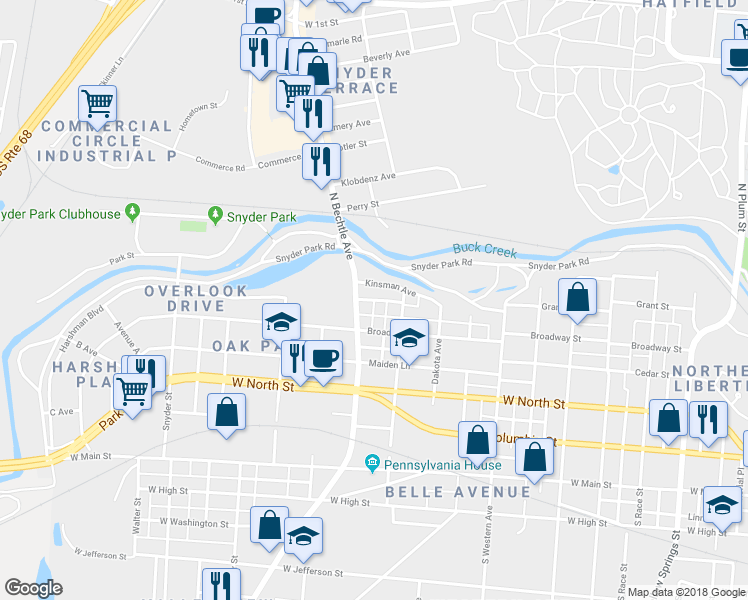 map of restaurants, bars, coffee shops, grocery stores, and more near 1360 Keifer Avenue in Springfield