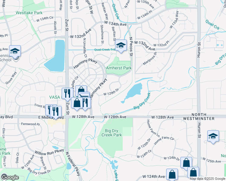 map of restaurants, bars, coffee shops, grocery stores, and more near 1850 West 130th Place in Westminster