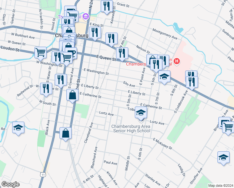 map of restaurants, bars, coffee shops, grocery stores, and more near 320 South 4th Street in Chambersburg