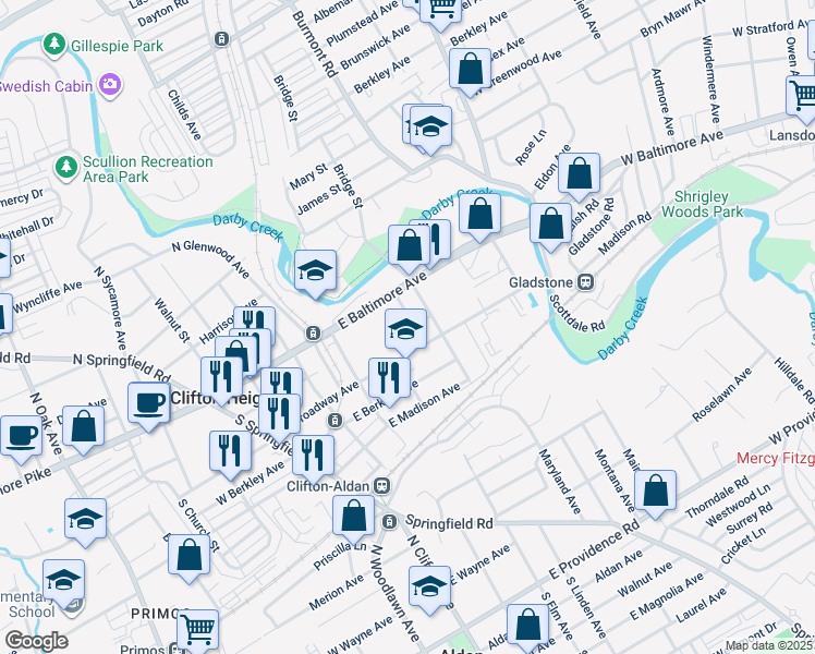 map of restaurants, bars, coffee shops, grocery stores, and more near 56 Edgemont Avenue in Clifton Heights